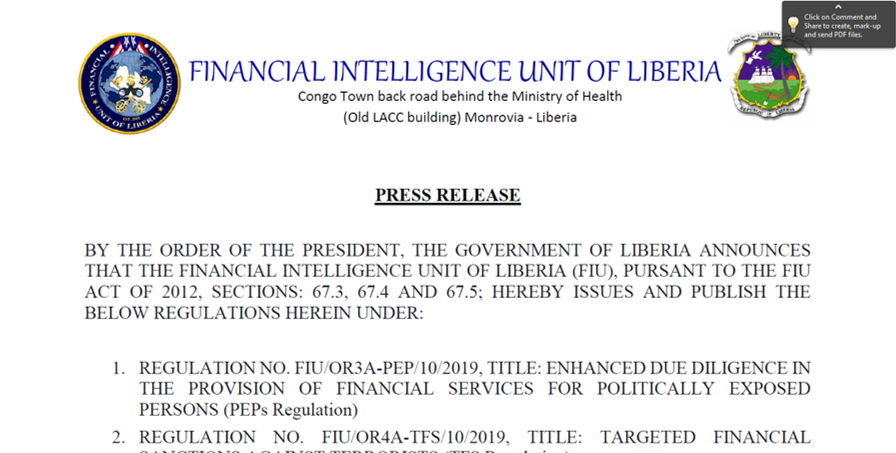 Read more about the article FIU OF LIBERIA ISSUES REGULATIONS